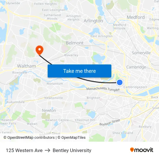 125 Western Ave to Bentley University map