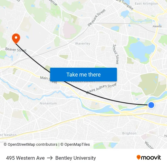 495 Western Ave to Bentley University map