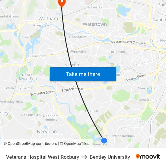 Veterans Hospital West Roxbury to Bentley University map
