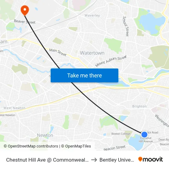 Chestnut Hill Ave @ Commonwealth Ave to Bentley University map