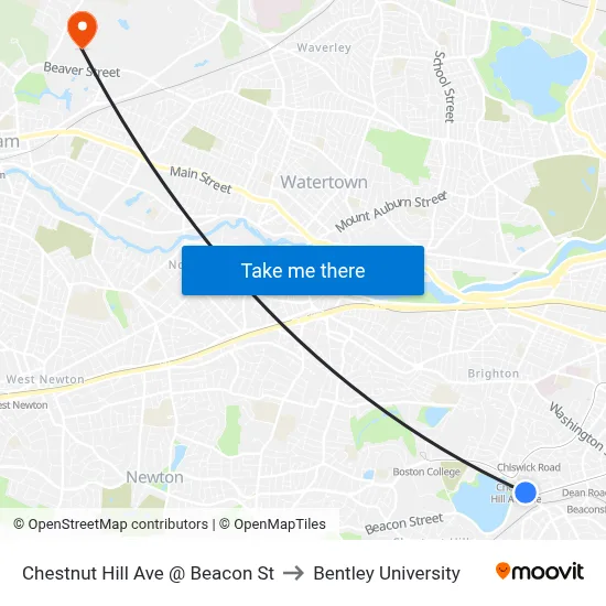 Chestnut Hill Ave @ Beacon St to Bentley University map
