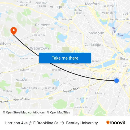 Harrison Ave @ E Brookline St to Bentley University map