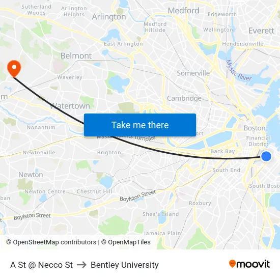 A St @ Necco St to Bentley University map