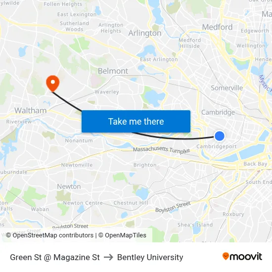 Green St @ Magazine St to Bentley University map