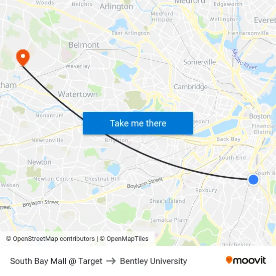 South Bay Mall @ Target to Bentley University map