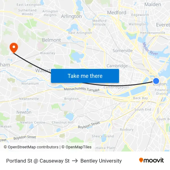 Portland St @ Causeway St to Bentley University map