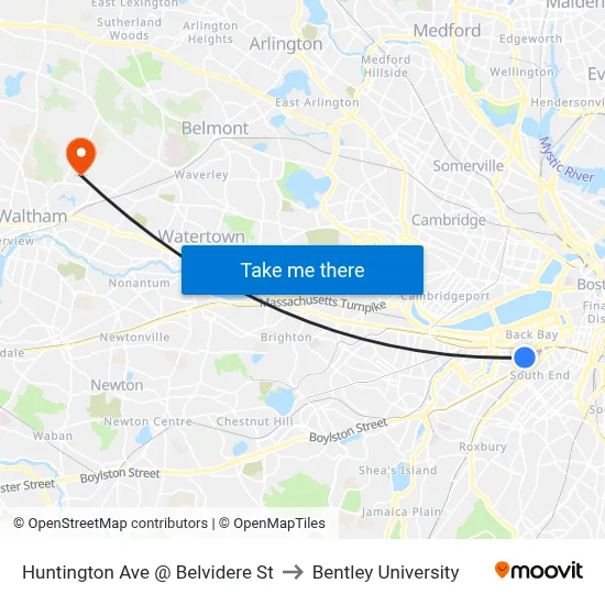 Huntington Ave @ Belvidere St to Bentley University map