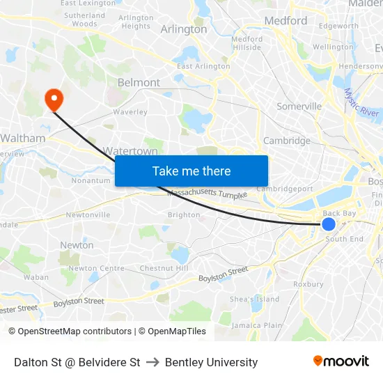 Dalton St @ Belvidere St to Bentley University map