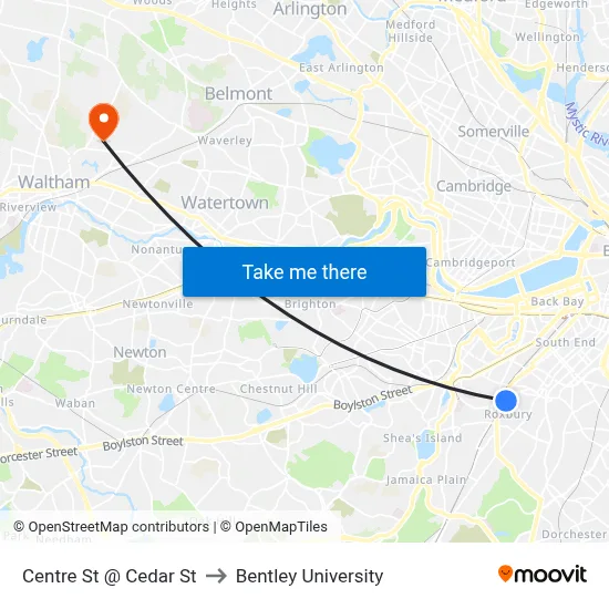 Centre St @ Cedar St to Bentley University map