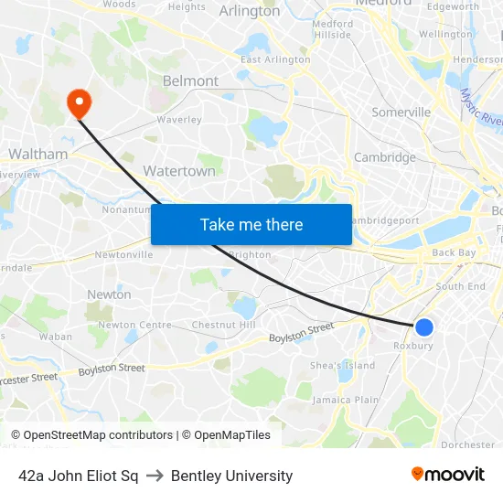 42a John Eliot Sq to Bentley University map