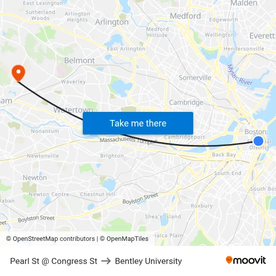 Pearl St @ Congress St to Bentley University map