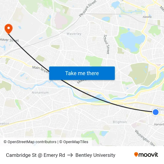 Cambridge St @ Emery Rd to Bentley University map