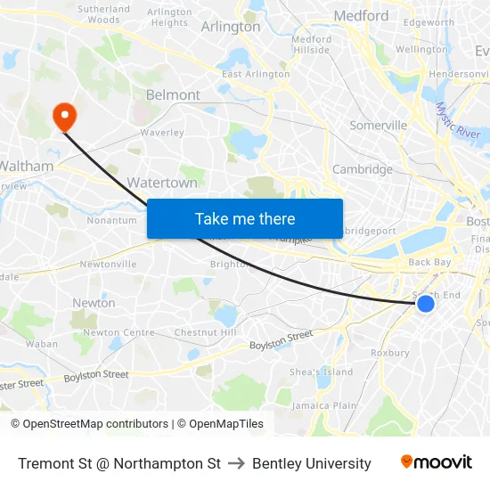 Tremont St @ Northampton St to Bentley University map