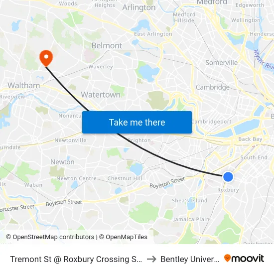 Tremont St @ Roxbury Crossing Station to Bentley University map