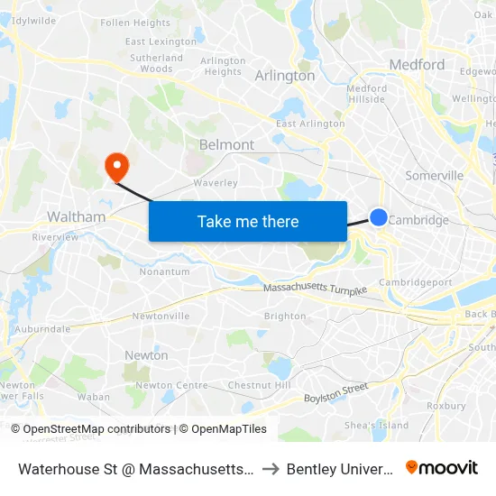 Waterhouse St @ Massachusetts Ave to Bentley University map