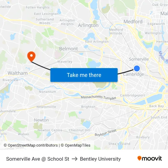 Somerville Ave @ School St to Bentley University map