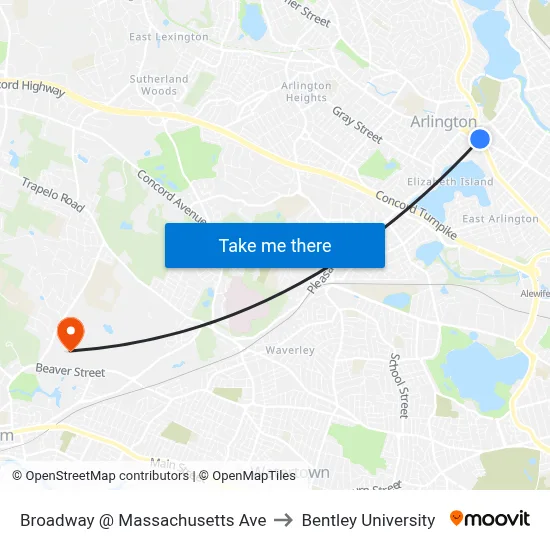 Broadway @ Massachusetts Ave to Bentley University map