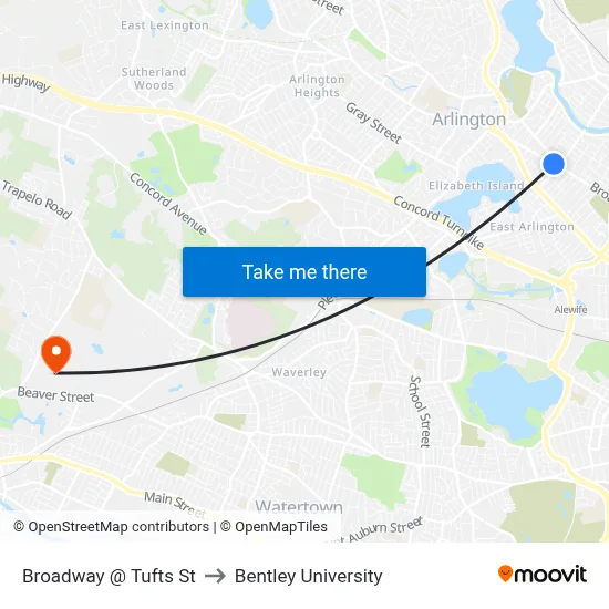 Broadway @ Tufts St to Bentley University map