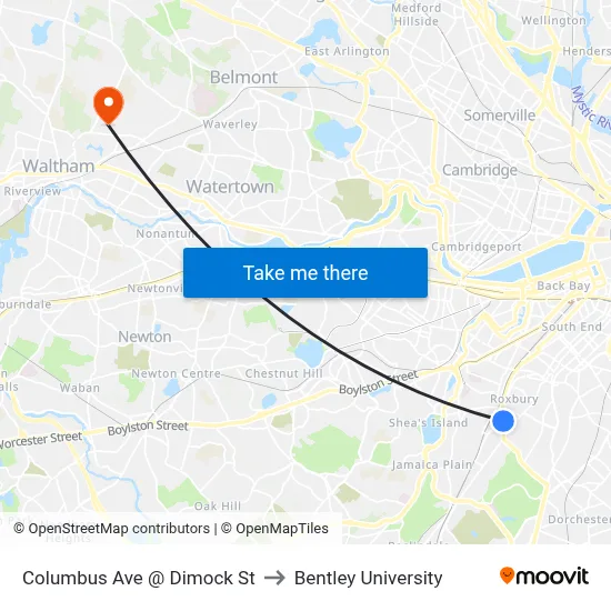Columbus Ave @ Dimock St to Bentley University map