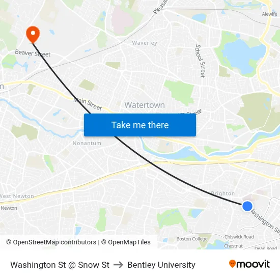 Washington St @ Snow St to Bentley University map