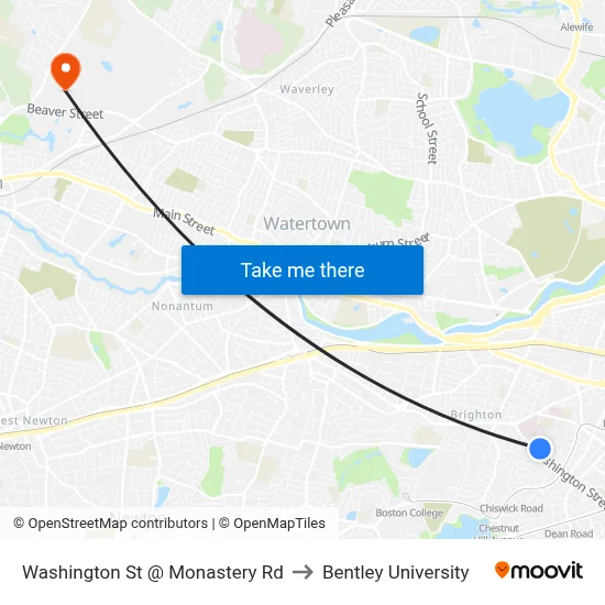 Washington St @ Monastery Rd to Bentley University map