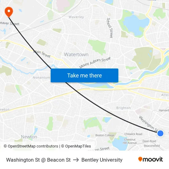 Washington St @ Beacon St to Bentley University map