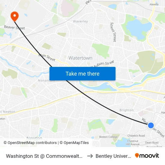 Washington St @ Commonwealth Ave to Bentley University map