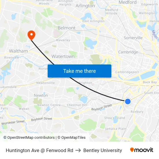 Huntington Ave @ Fenwood Rd to Bentley University map