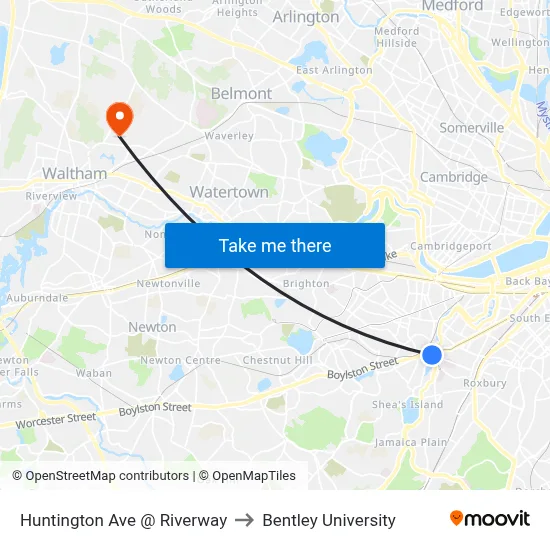 Huntington Ave @ Riverway to Bentley University map