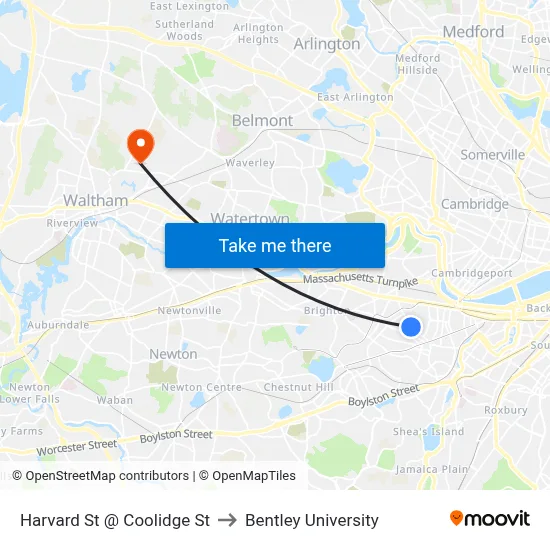 Harvard St @ Coolidge St to Bentley University map