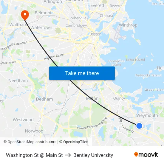 Washington St @ Main St to Bentley University map