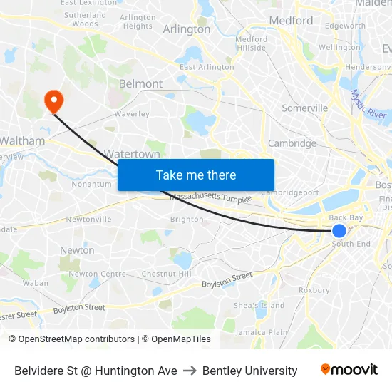 Belvidere St @ Huntington Ave to Bentley University map
