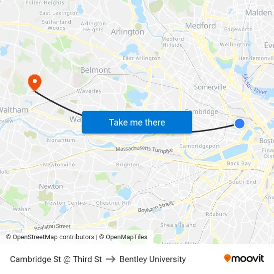 Cambridge St @ Third St to Bentley University map