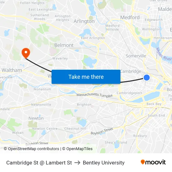Cambridge St @ Lambert St to Bentley University map