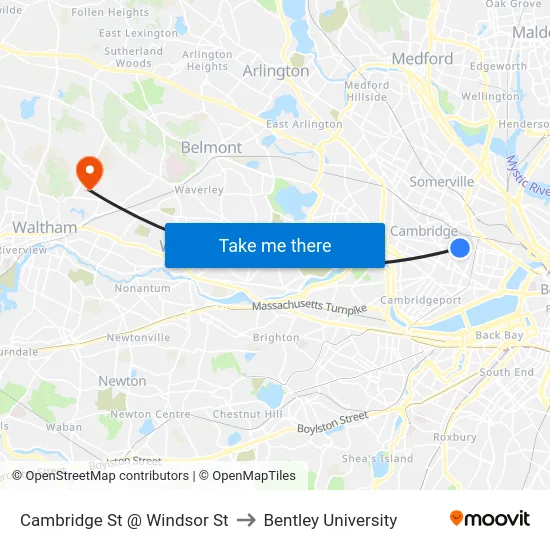 Cambridge St @ Windsor St to Bentley University map