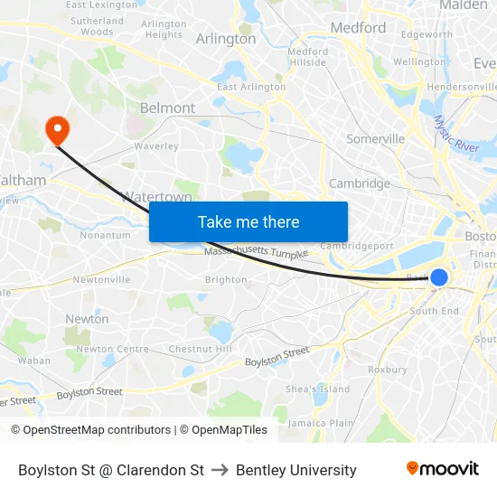 Boylston St @ Clarendon St to Bentley University map