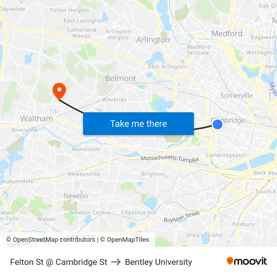 Felton St @ Cambridge St to Bentley University map