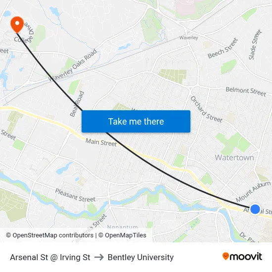 Arsenal St @ Irving St to Bentley University map