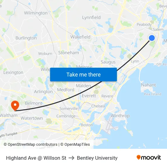 Highland Ave @ Willson St to Bentley University map
