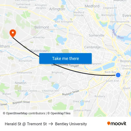 Herald St @ Tremont St to Bentley University map