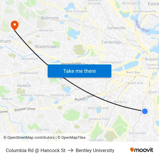 Columbia Rd @ Hancock St to Bentley University map