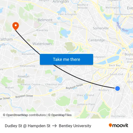 Dudley St @ Hampden St to Bentley University map
