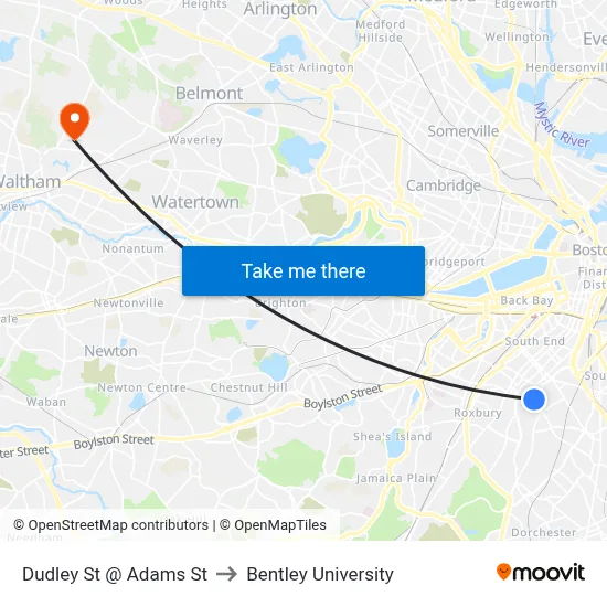 Dudley St @ Adams St to Bentley University map