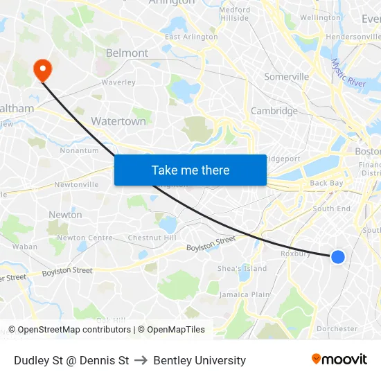 Dudley St @ Dennis St to Bentley University map
