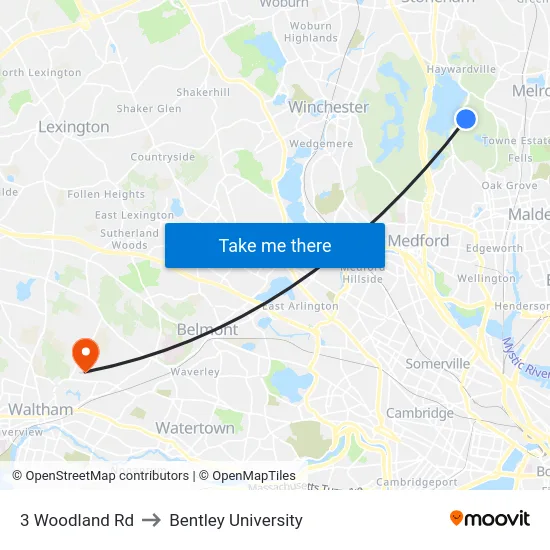 3 Woodland Rd to Bentley University map