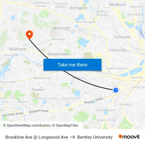 Brookline Ave @ Longwood Ave to Bentley University map