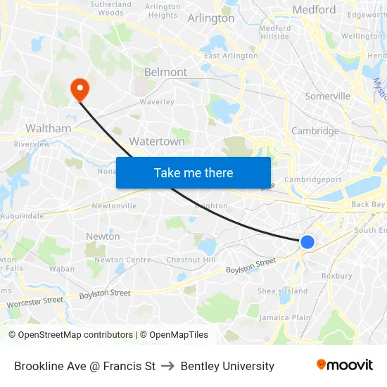 Brookline Ave @ Francis St to Bentley University map