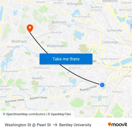 Washington St @ Pearl St to Bentley University map