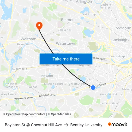 Boylston St @ Chestnut Hill Ave to Bentley University map