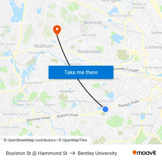 Boylston St @ Hammond St to Bentley University map